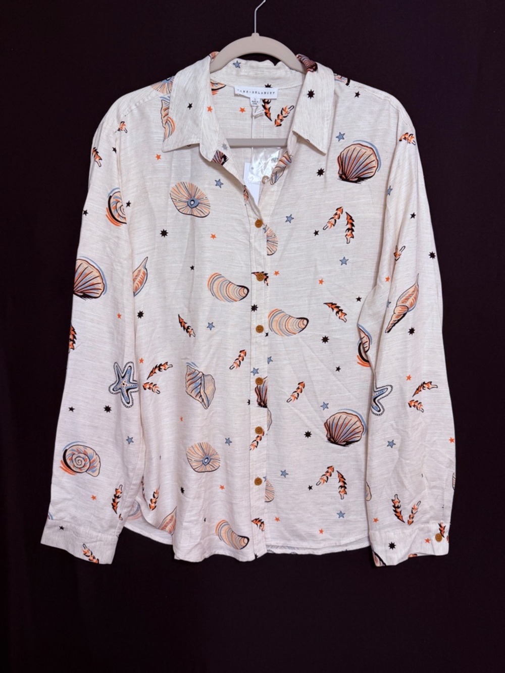 Jane and Delancey Cream Button-Down Shell Print Shirt coastal nautical cozy